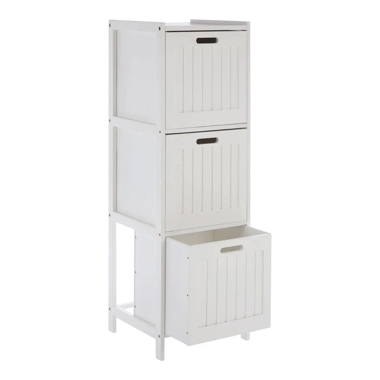 White wooden storage unit with three compartments and pull-out drawers