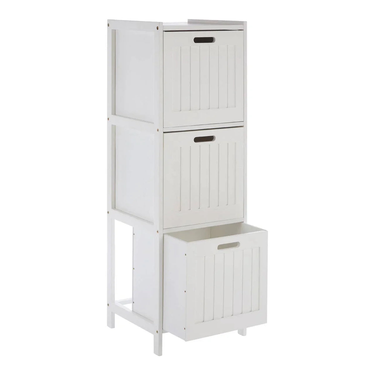 White wooden storage unit with three compartments and pull-out drawers