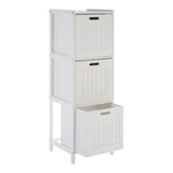 White wooden storage unit with three compartments and pull-out drawers