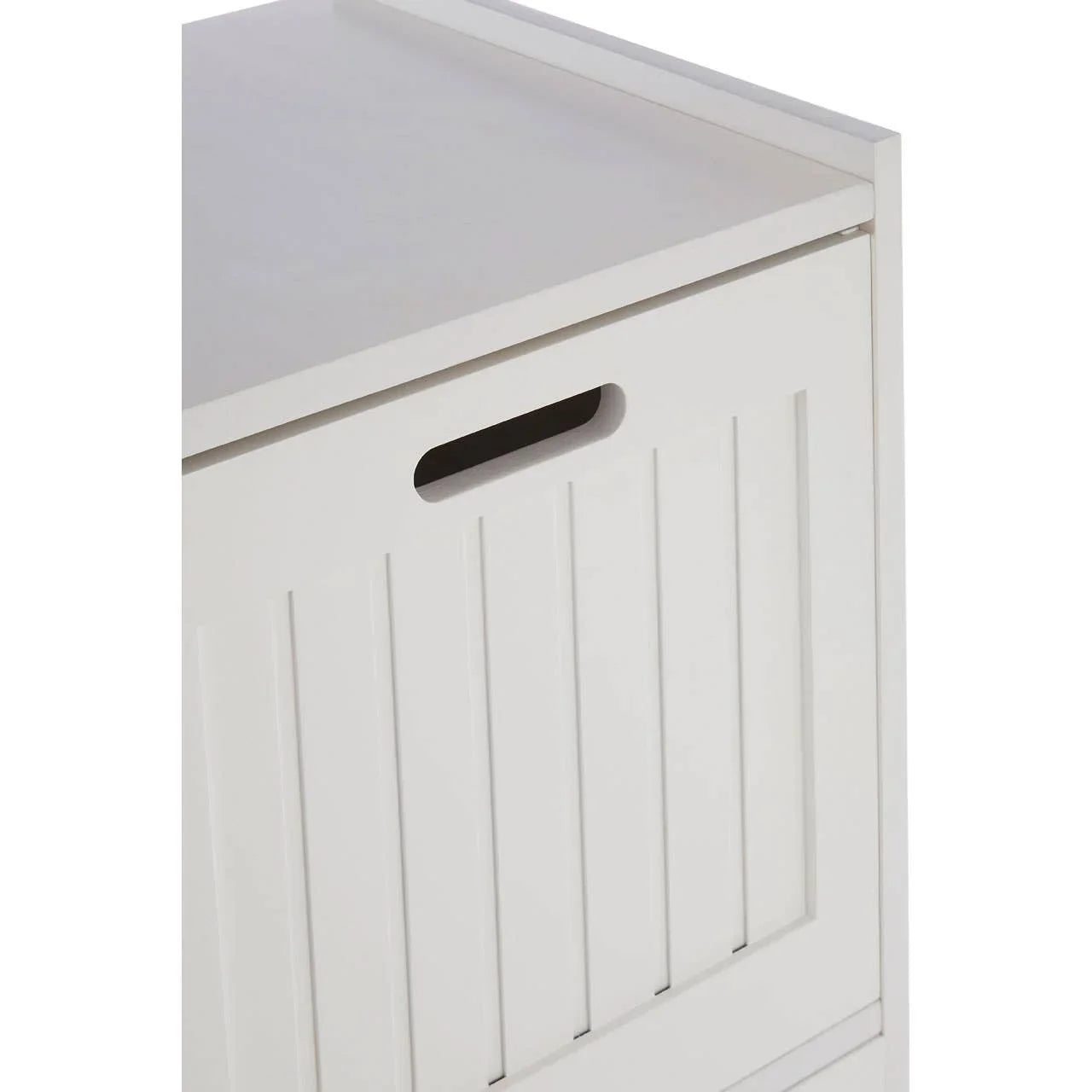 White wooden storage box with vertical panel detailing and cutout handle on the front