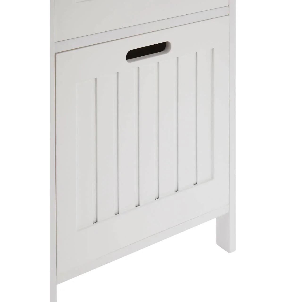 White wooden storage cabinet with vertical panel detailing and handle cutout