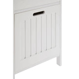 White wooden storage cabinet with vertical panel detailing and handle cutout