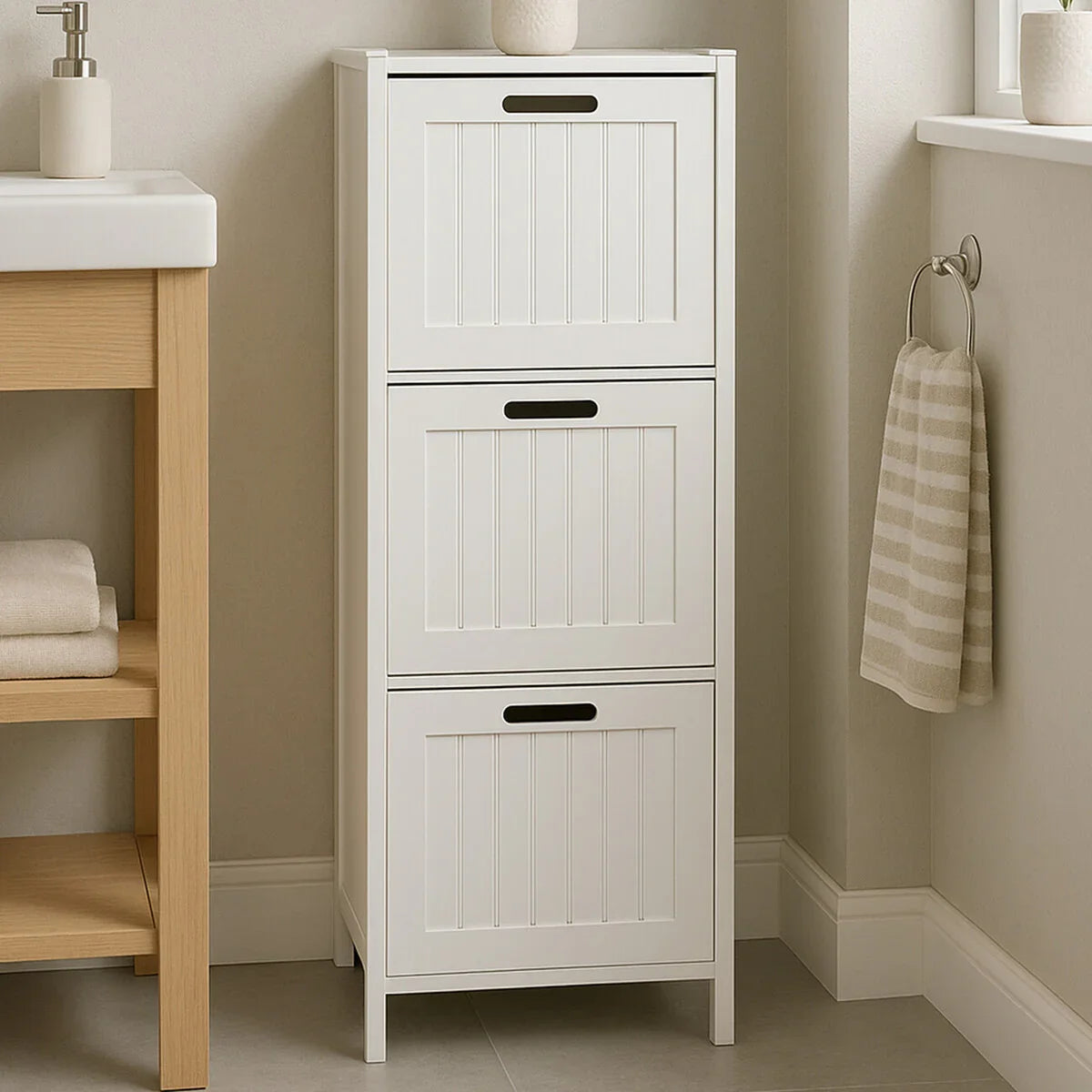 White bathroom storage unit with three panelled drawers next to washbasin and striped towel