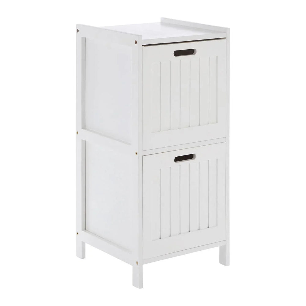 White wooden storage cabinet with two pull-out drawers and panelled design
