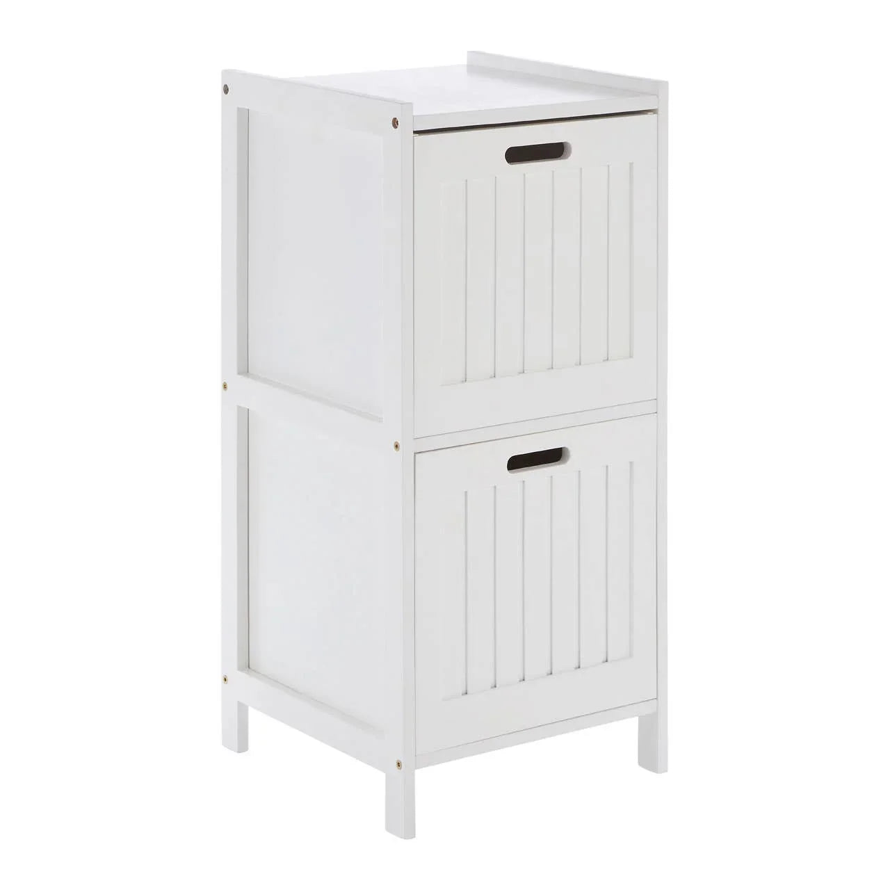 White wooden storage cabinet with two pull-out drawers and panelled design