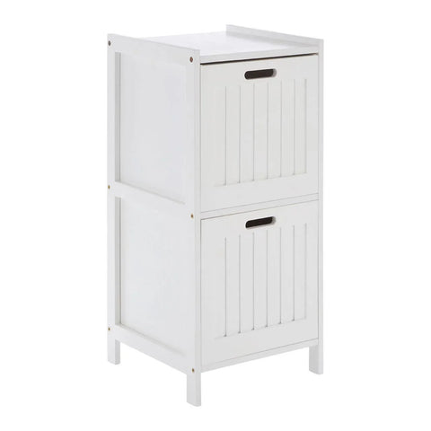 White wooden storage cabinet with two pull-out drawers and panelled design