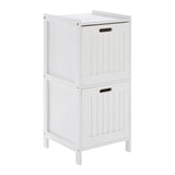 White wooden storage cabinet with two pull-out drawers and panelled design