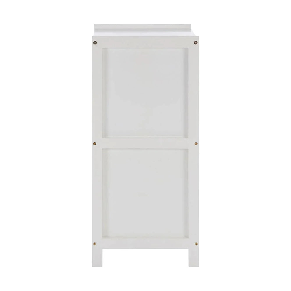 White wooden cabinet side panel with visible screws and simple rectangular design