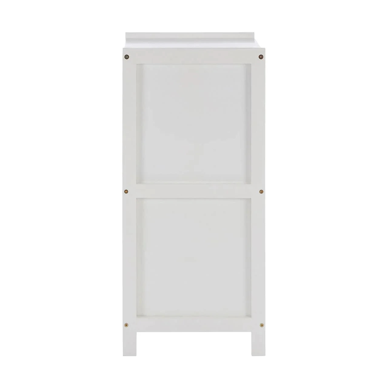 White wooden cabinet side panel with visible screws and simple rectangular design