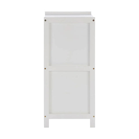 White wooden cabinet side panel with visible screws and simple rectangular design