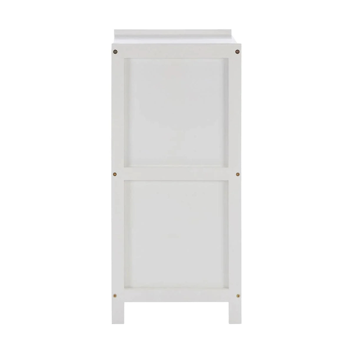 White wooden cabinet side panel with visible screws and simple rectangular design