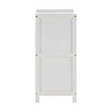 White wooden cabinet side panel with visible screws and simple rectangular design
