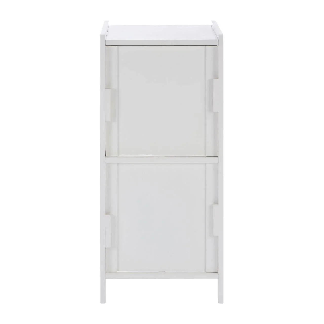 White wooden storage cabinet side view with two compartments