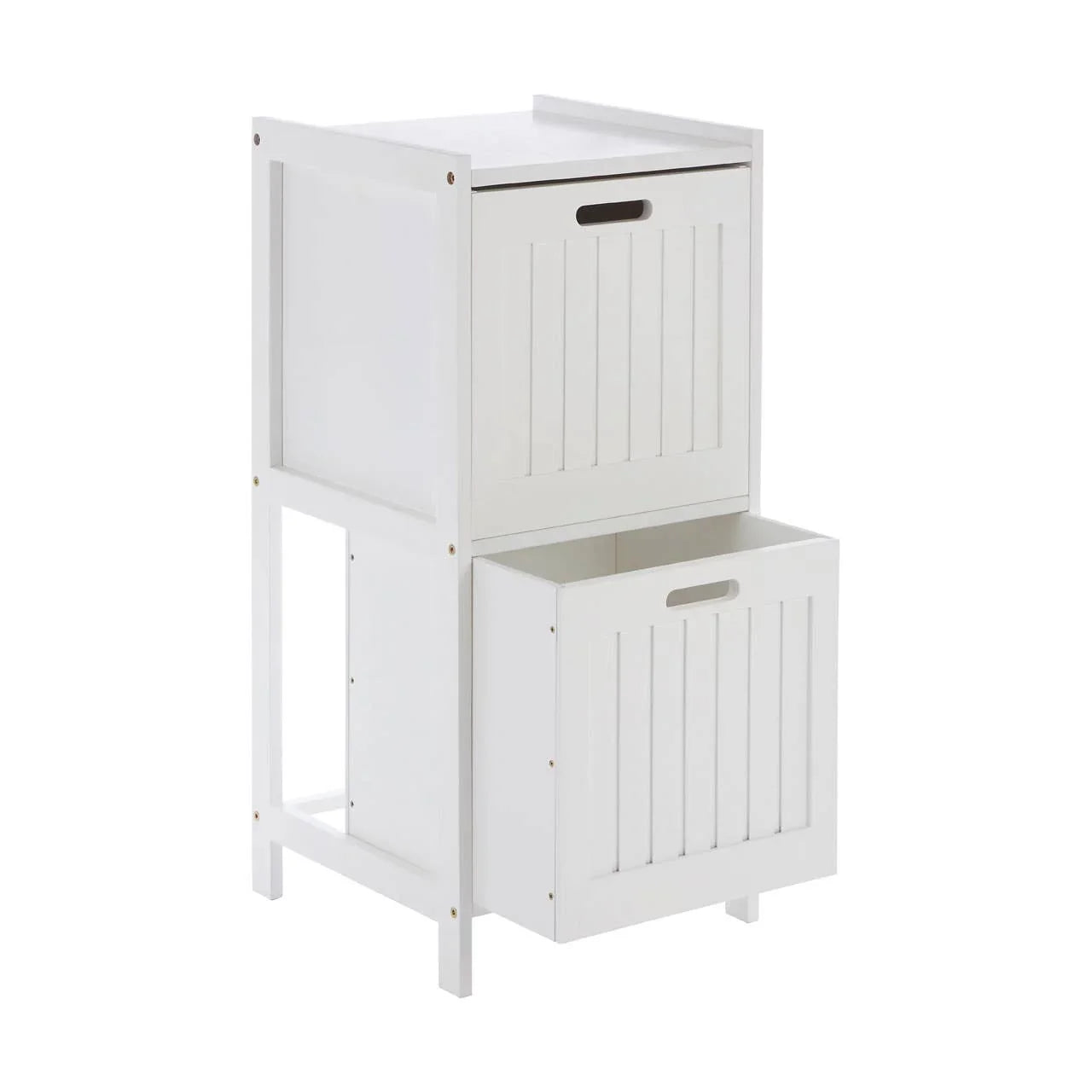 White wooden storage cabinet with two pull-out drawers and vertical slat detailing