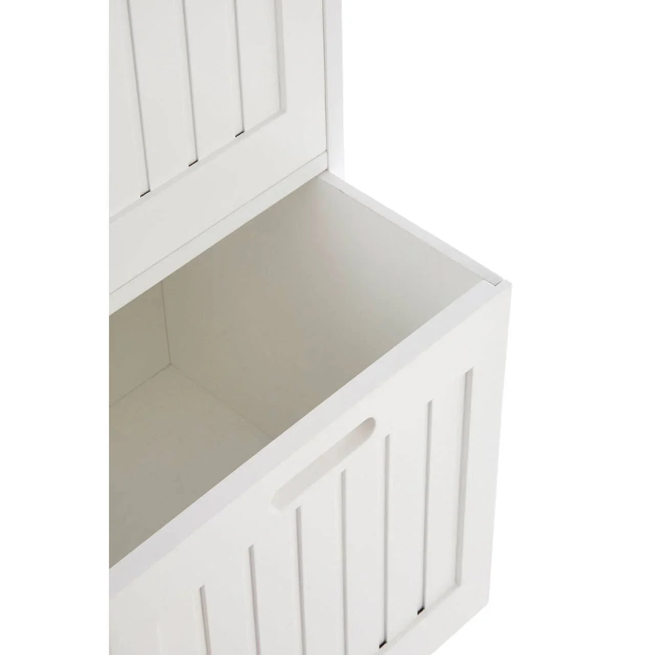 White wooden storage box with open lid and vertical panel detail