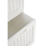 White wooden storage box with open lid and vertical panel detail