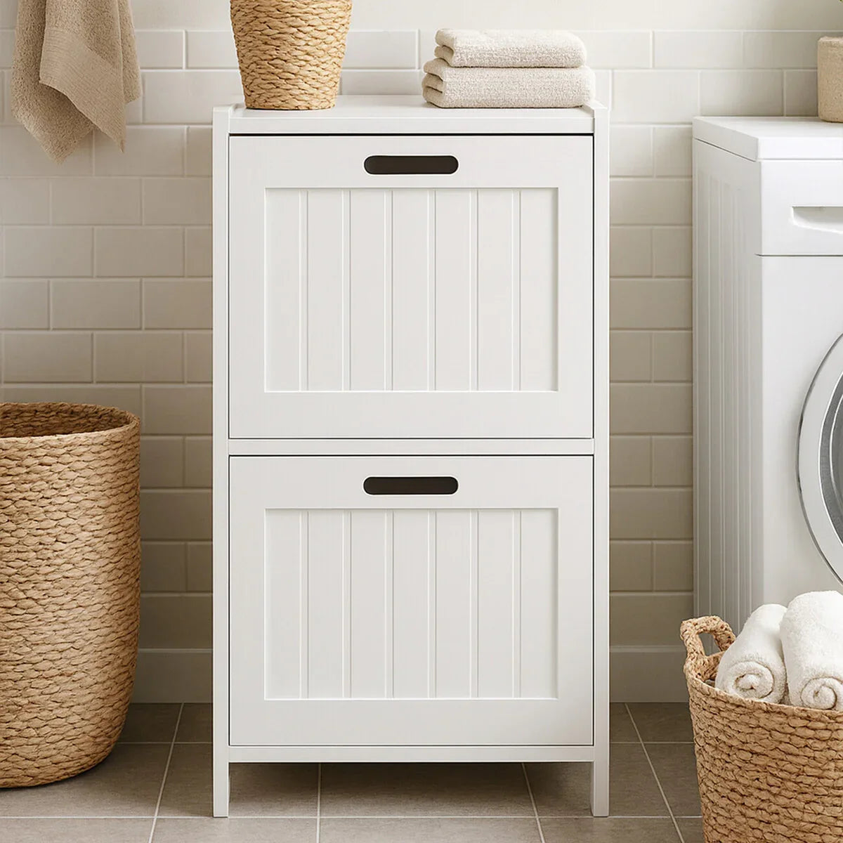 White wooden laundry cabinet with two compartments in a tiled utility room