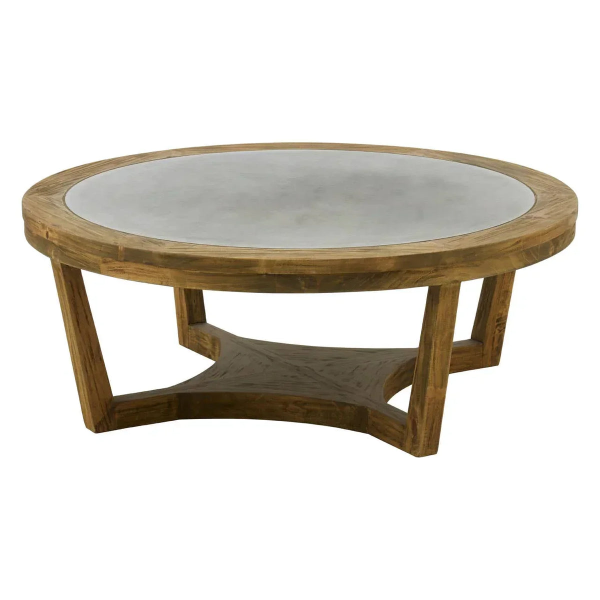 Round wood and concrete coffee table with geometric wooden legs