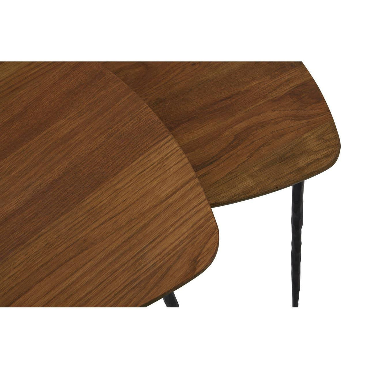 Close-up of two nested wooden side tables with black metal legs