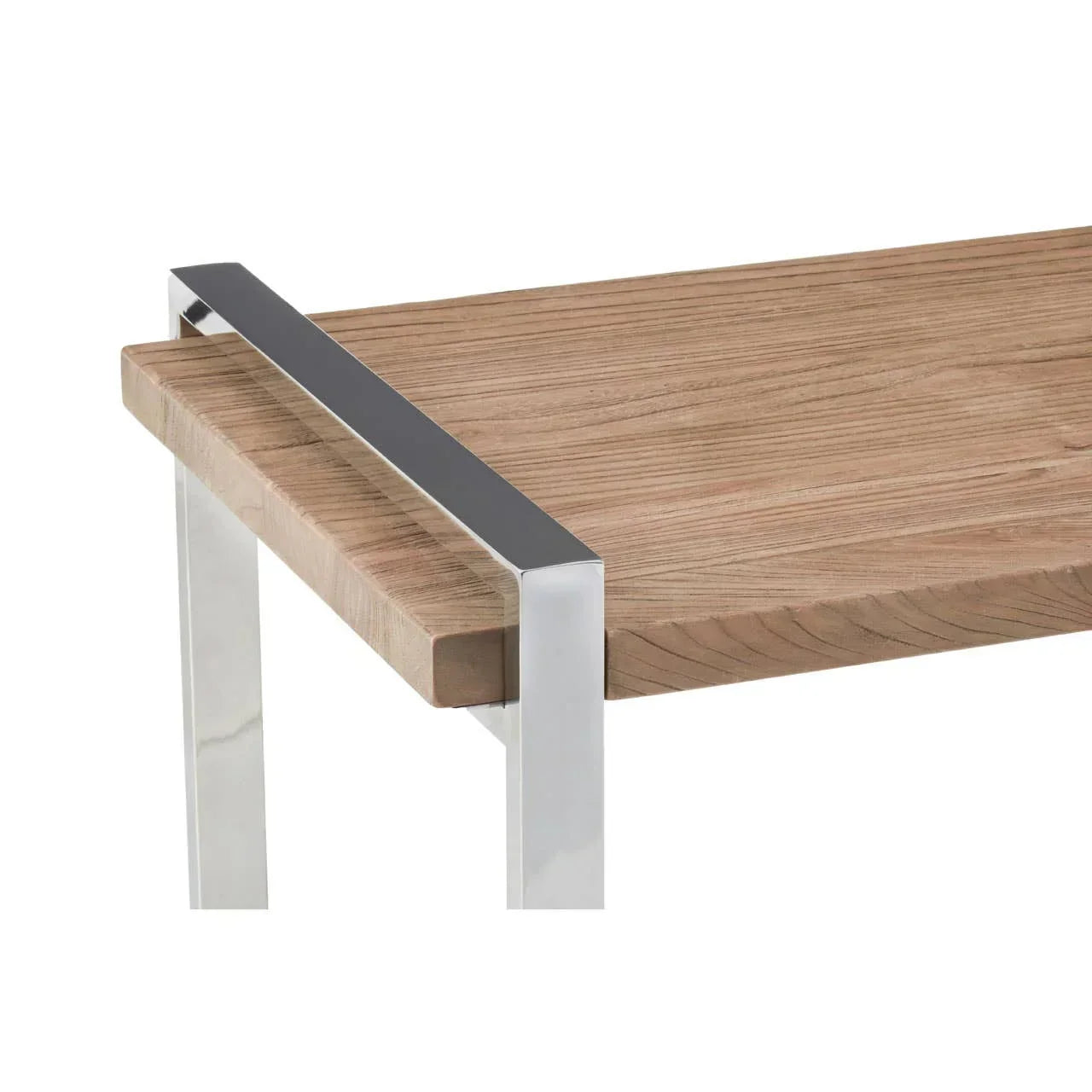 Close view of wooden coffee table with chrome legs and corner metal detail