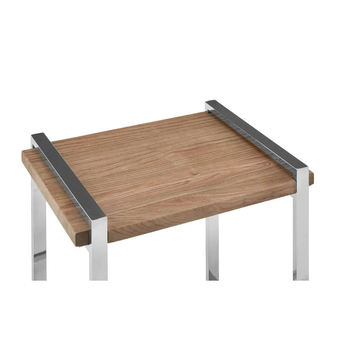 Modern side table with light wood top and chrome metal frame, corner view