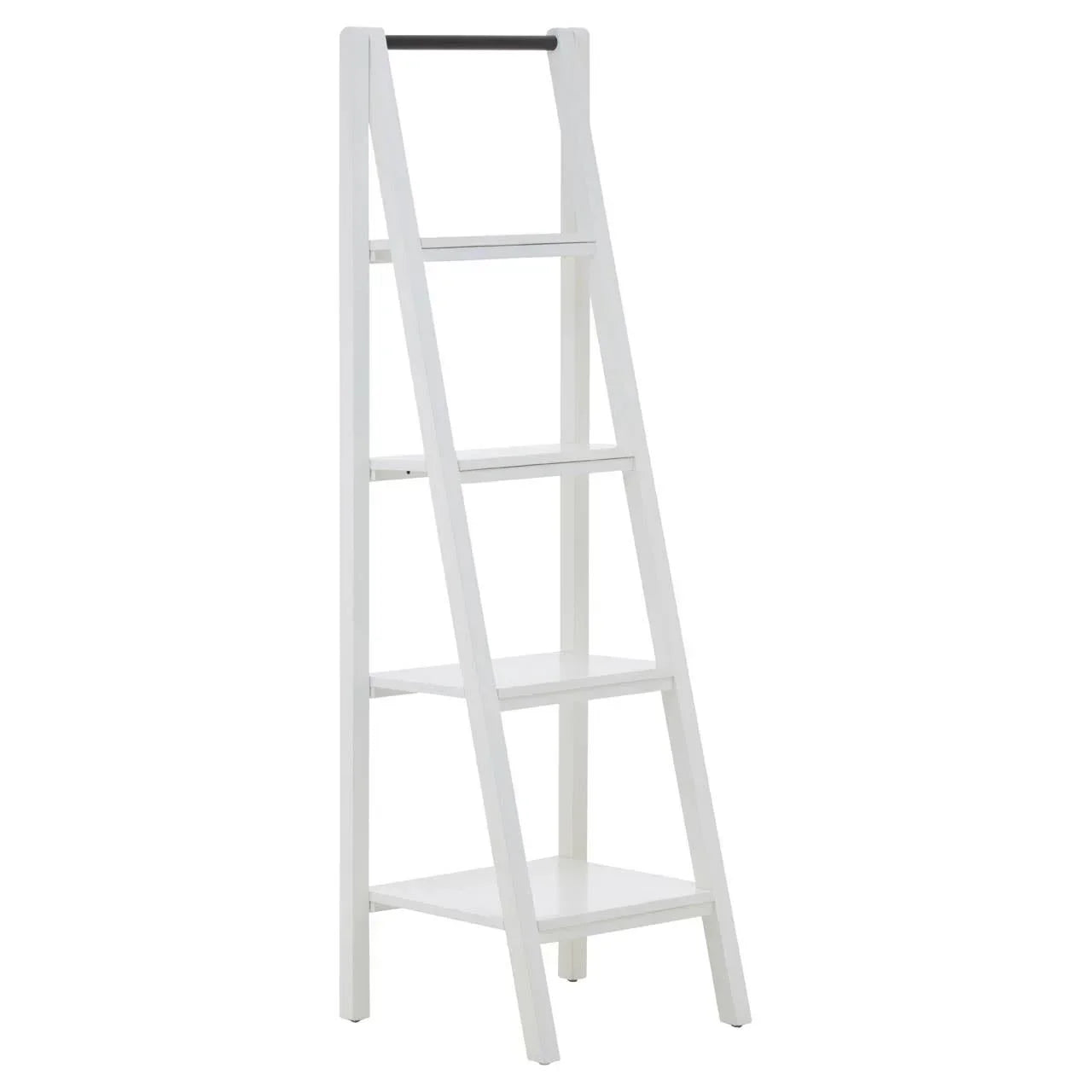 White ladder shelf with four tiers and black top rail for modern home storage