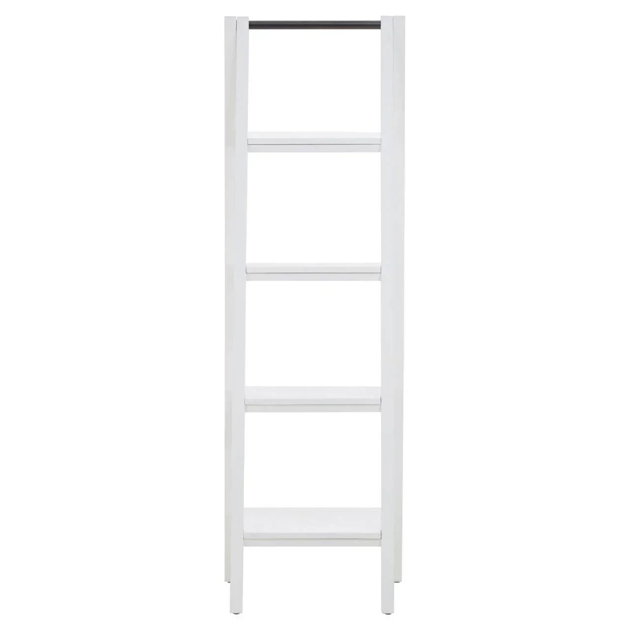 White wooden ladder shelving unit with four open shelves, front view