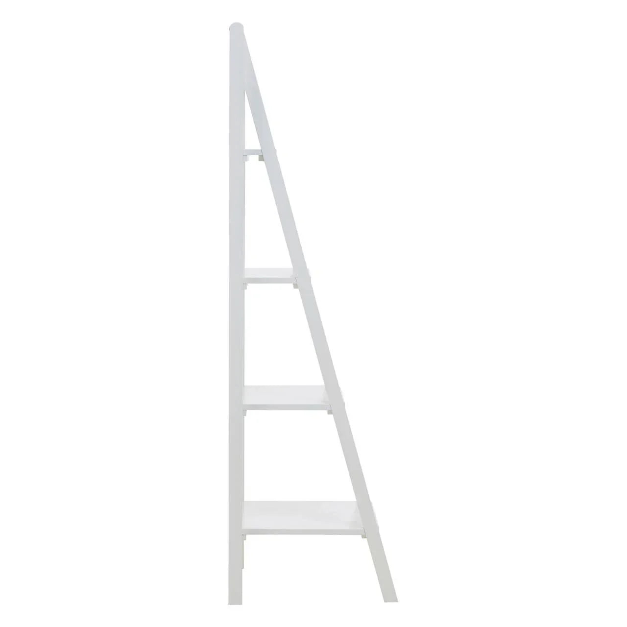 Side view of white ladder bookshelf with four shelves