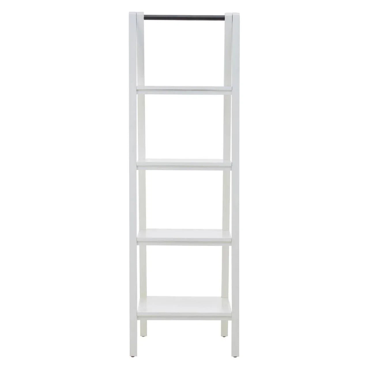 White wooden ladder shelf with four tiers, modern open shelving unit front view