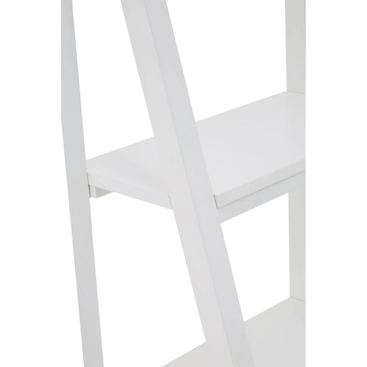 Close-up of white wood ladder shelf frame and tiered shelving detail