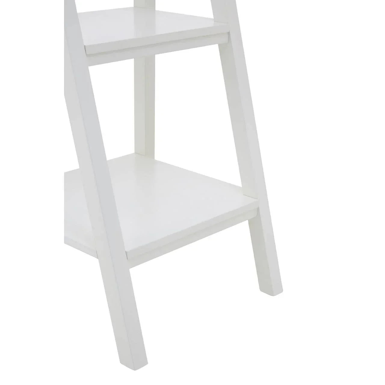 White wooden shelving unit with two shelves, angled side supports, close-up view