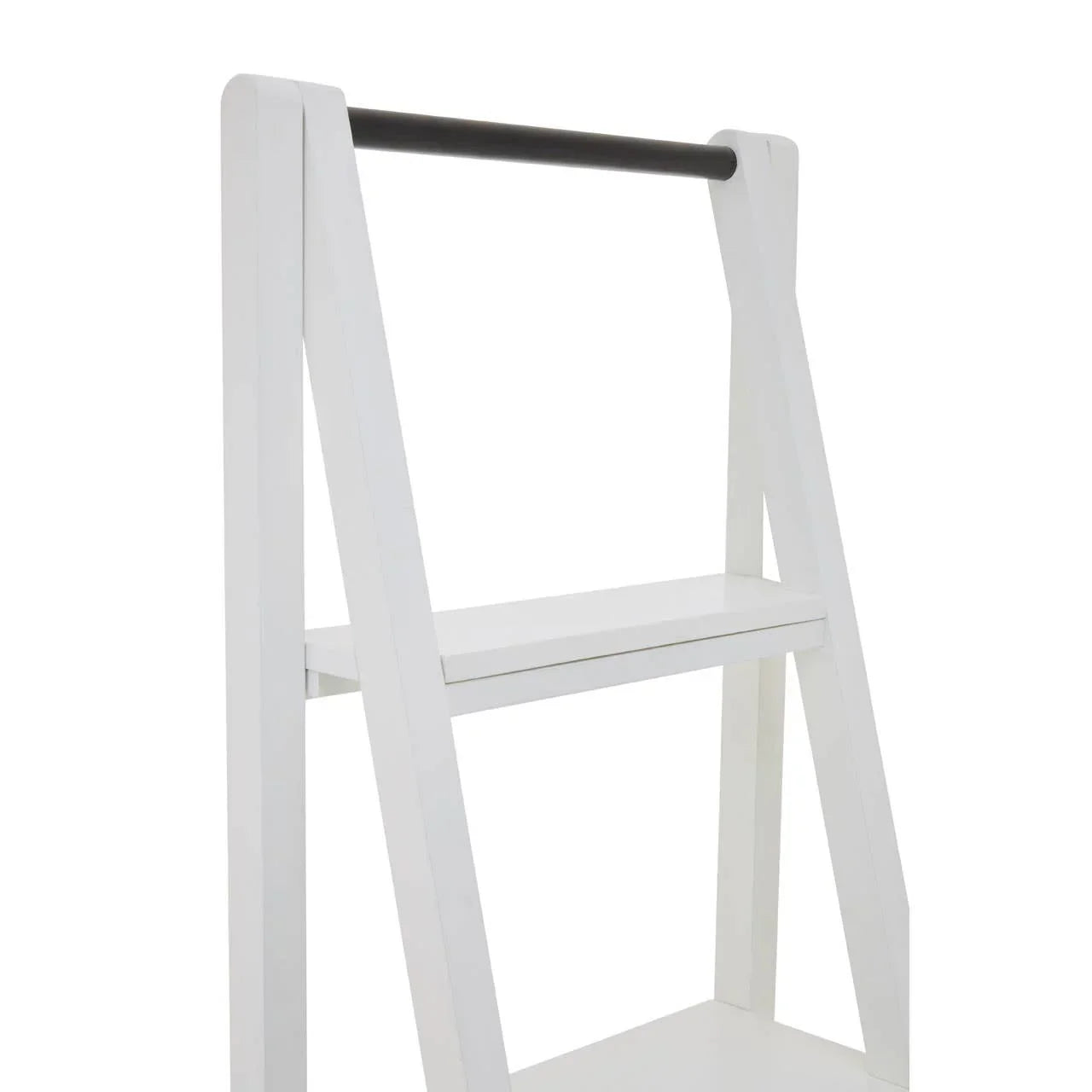 White wooden ladder shelf with black hanging rail and two shelves, close-up view
