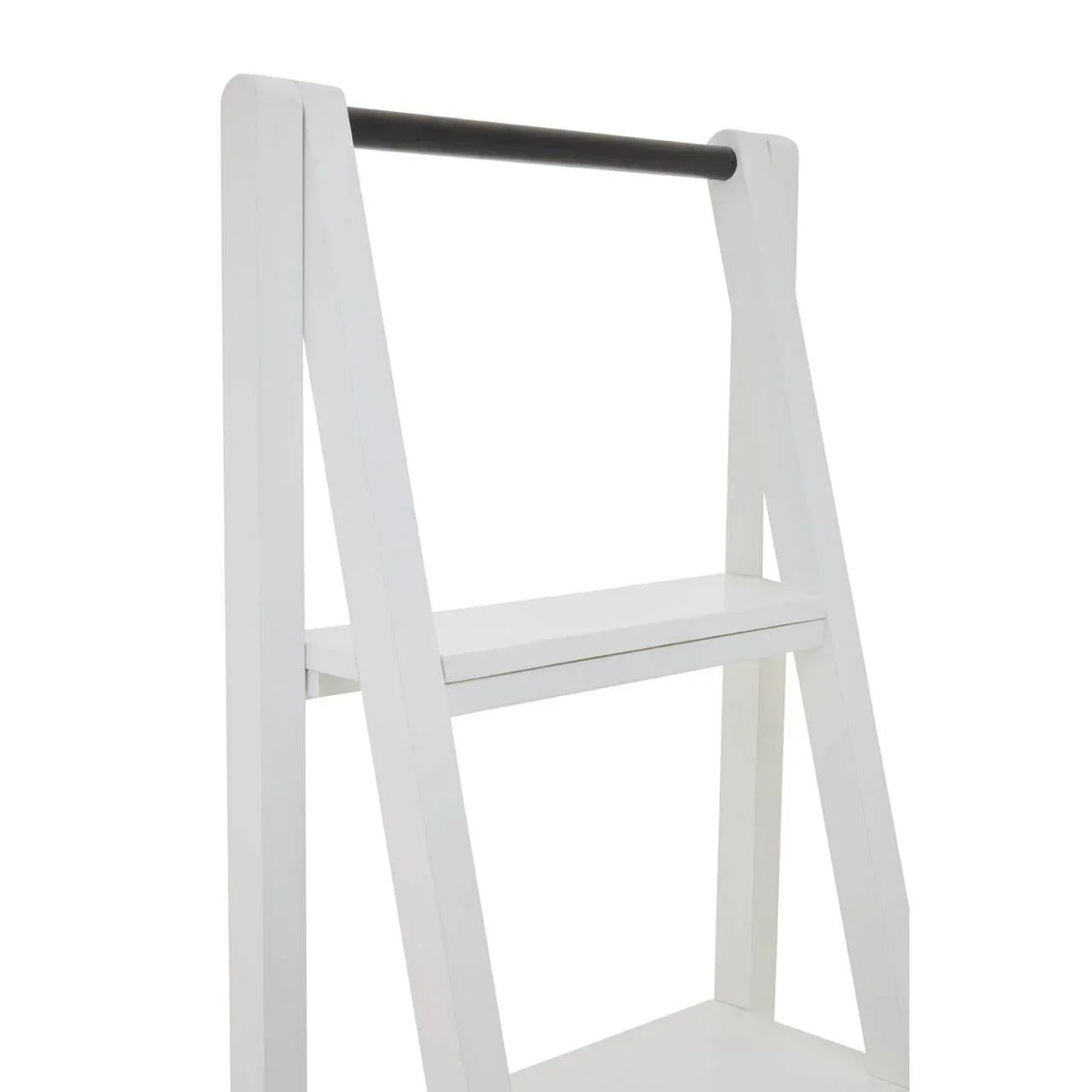 White wooden ladder shelf with black hanging rail and two shelves, close-up view