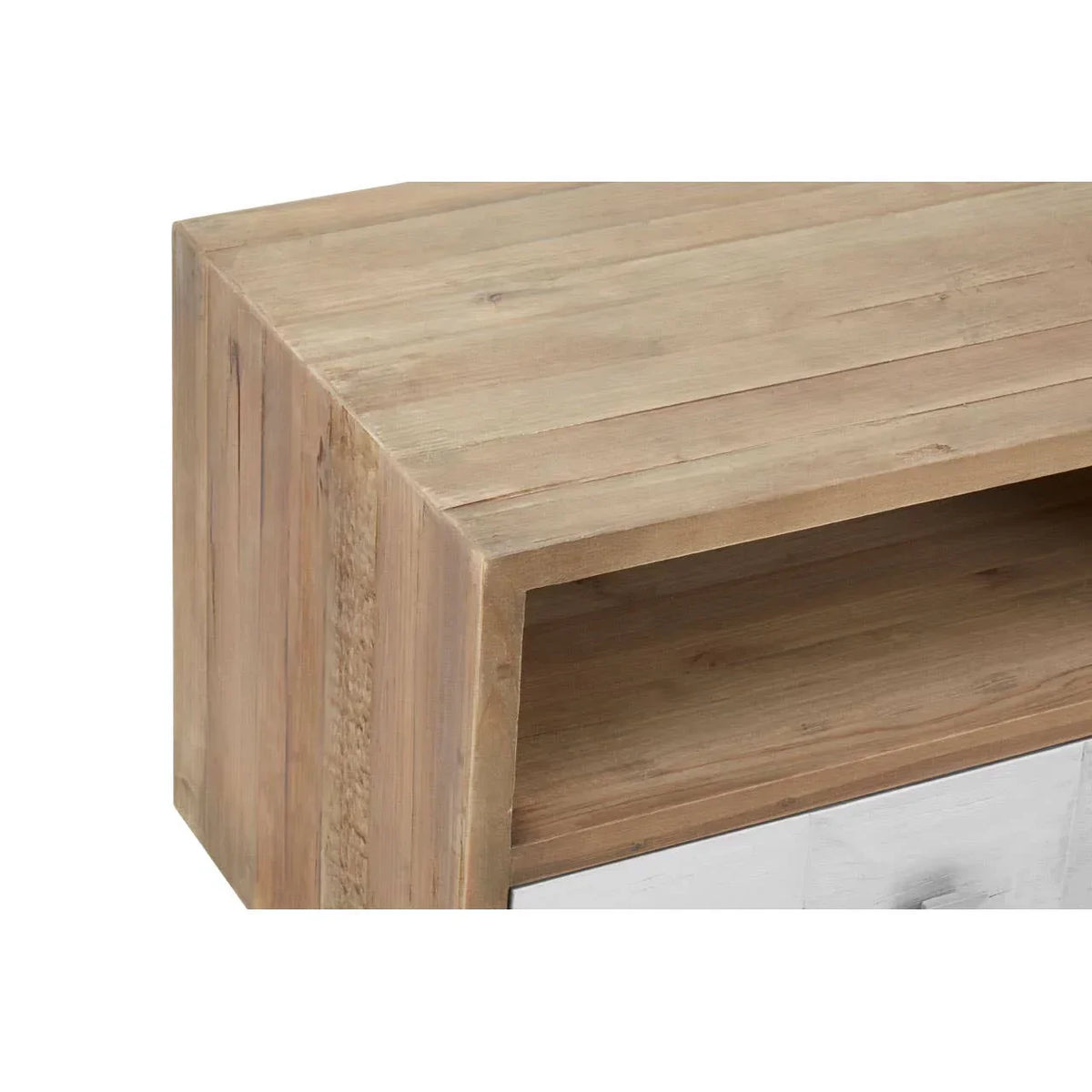Closeup of wooden TV unit corner showing natural finish and open shelf section