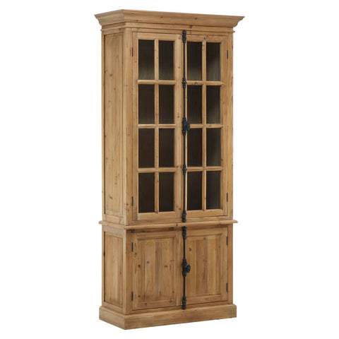 Tall cabinet made of pine wood featuring four doors, with two upper glass-paneled doors and two lower solid doors. The cabinet has a natural wood finish, showcasing the grain, and is designed with a classic, elegant style