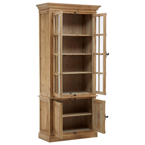 Tall cabinet made of pine wood featuring four doors, with two glass-paneled doors on the top section and two solid doors on the bottom. The cabinet has multiple shelves inside for storage and a natural wood finish that highlights the grain