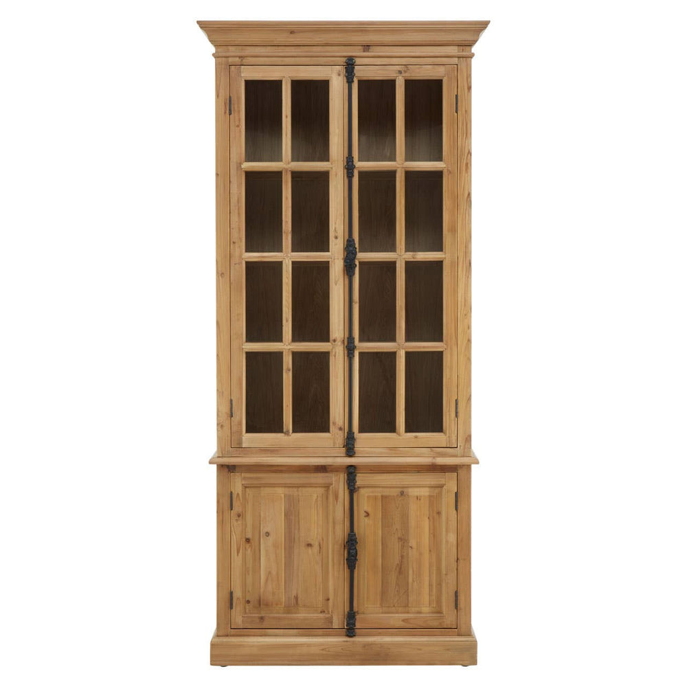 Tall cabinet made of pine wood featuring four doors, with a natural wood finish. The upper section has glass panels with a grid design, while the lower section has solid wood doors. The cabinet has a classic style, suitable for home furniture