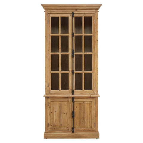 Tall cabinet made of pine wood featuring four doors, with a natural wood finish. The upper section has glass panels with a grid design, while the lower section has solid wood doors. The cabinet has a classic style, suitable for home furniture