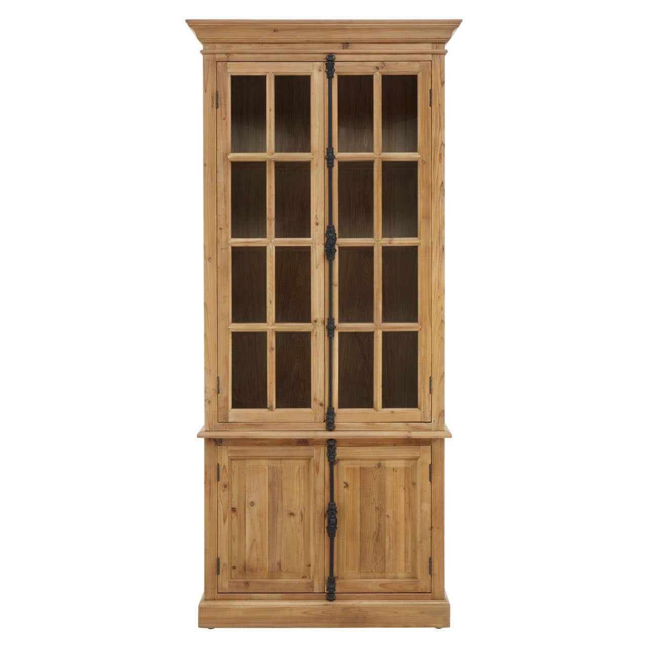 Tall cabinet made of pine wood featuring four doors, with a natural wood finish. The upper section has glass panels with a grid design, while the lower section has solid wood doors. The cabinet has a classic style, suitable for home furniture