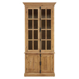 Tall cabinet made of pine wood featuring four doors, with a natural wood finish. The upper section has glass panels with a grid design, while the lower section has solid wood doors. The cabinet has a classic style, suitable for home furniture