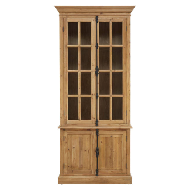 Tall cabinet made of pine wood featuring four doors, with a natural wood finish. The upper section has glass panels with a grid design, while the lower section has solid wood doors. The cabinet has a classic style, suitable for home furniture