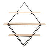 Three-tier wall shelf designed in a rhombus shape, featuring a black metal frame and three wooden shelves. The shelves are arranged horizontally within the diamond structure, providing a modern and stylish display option for home decor