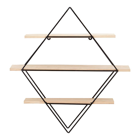Three-tier wall shelf designed in a rhombus shape, featuring a black metal frame and three wooden shelves. The shelves are arranged horizontally within the diamond structure, providing a modern and stylish display option for home decor