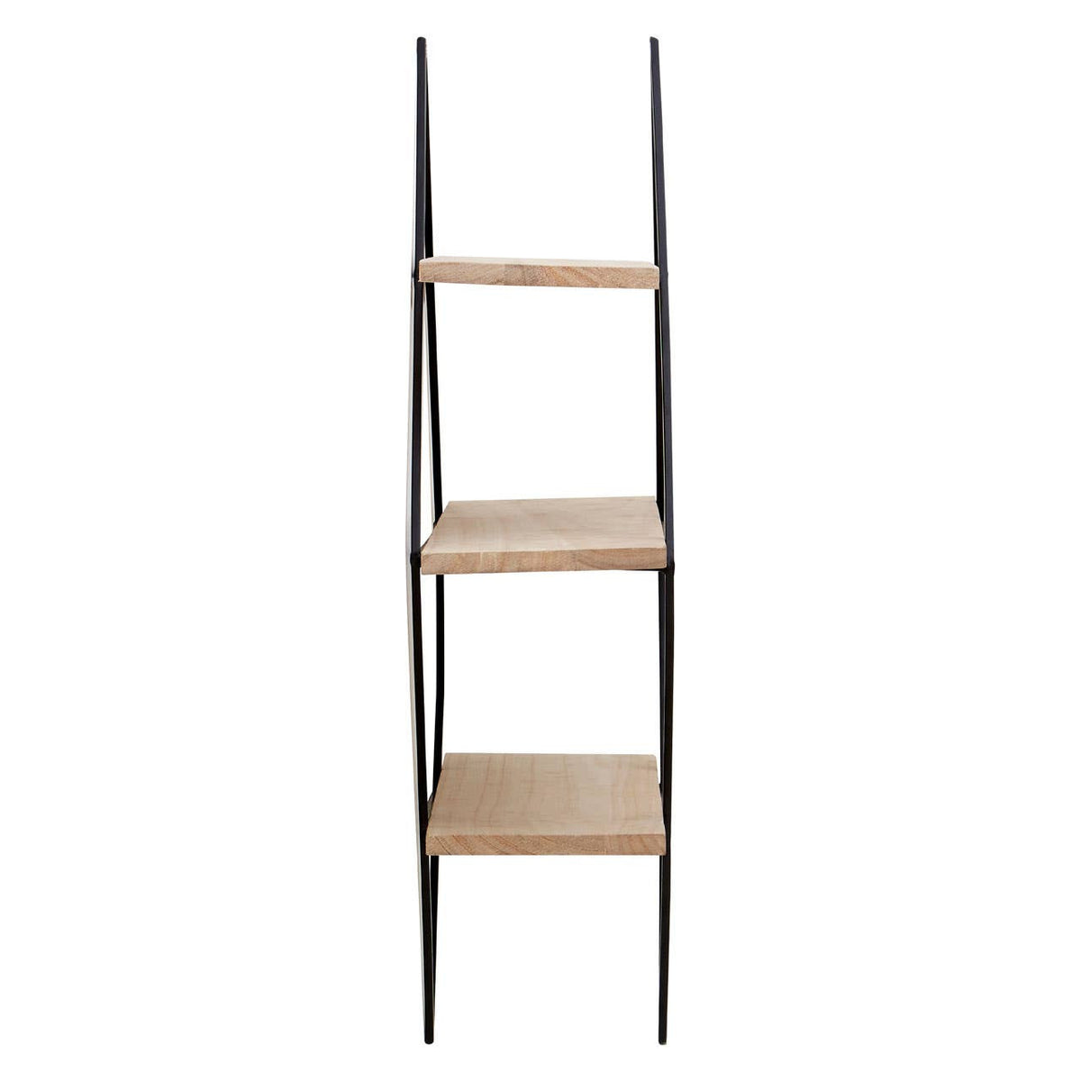Three-tier wall shelf with a rhombus design, featuring a black metal frame and light wood shelves. The shelves are arranged in a staggered pattern, providing a modern and stylish storage solution