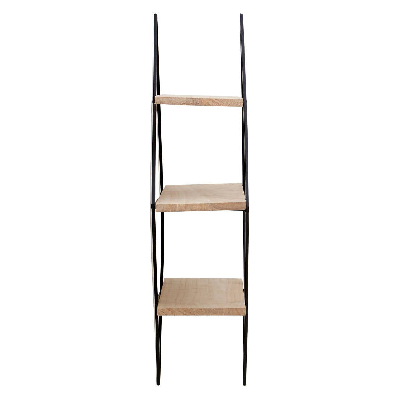 Three-tier wall shelf with a rhombus design, featuring a black metal frame and light wood shelves. The shelves are arranged in a staggered pattern, providing a modern and stylish storage solution