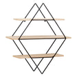 Three-tier wall shelf featuring a rhombus design with black metal framing and light wood shelves, arranged in a geometric pattern