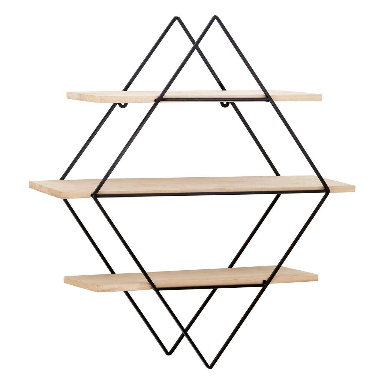 Three-tier wall shelf featuring a rhombus design with black metal framing and light wood shelves, arranged in a geometric pattern