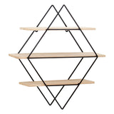 Three-tier wall shelf featuring a rhombus design with black metal framing and light wood shelves, arranged in a geometric pattern
