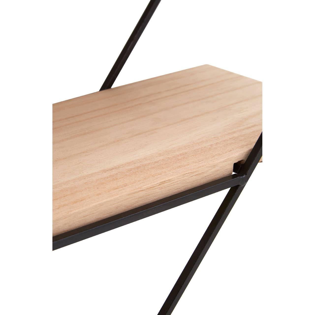 Three-tier rhombus wall shelf featuring a light wood finish and black metal frame, showcasing a modern design with clean lines and geometric shape. The shelf is partially visible, highlighting the smooth surface of the wood and the sturdy support structure