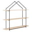 Three-tier wooden wall shelves with a minimalist design, featuring light-colored wooden shelves supported by a black metal frame that forms a house-like shape at the top